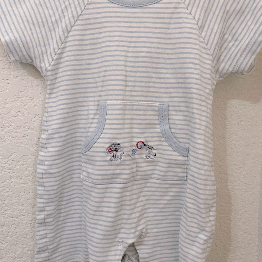 Kissy Kissy Light Blue Striped Puppy Dog Playsuit, 9M, EUC